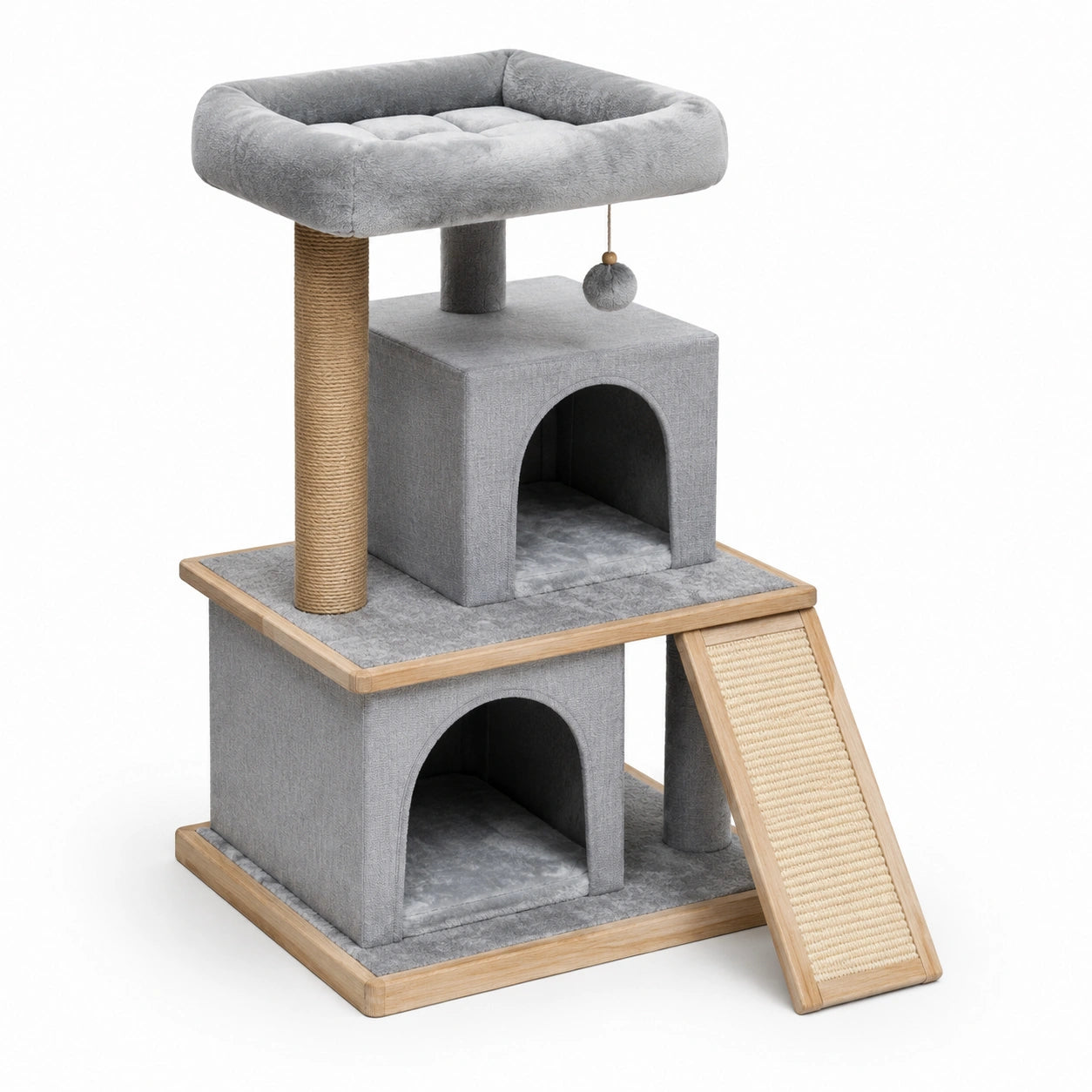 Árbol para gatos de tela gris con rampa y rascador