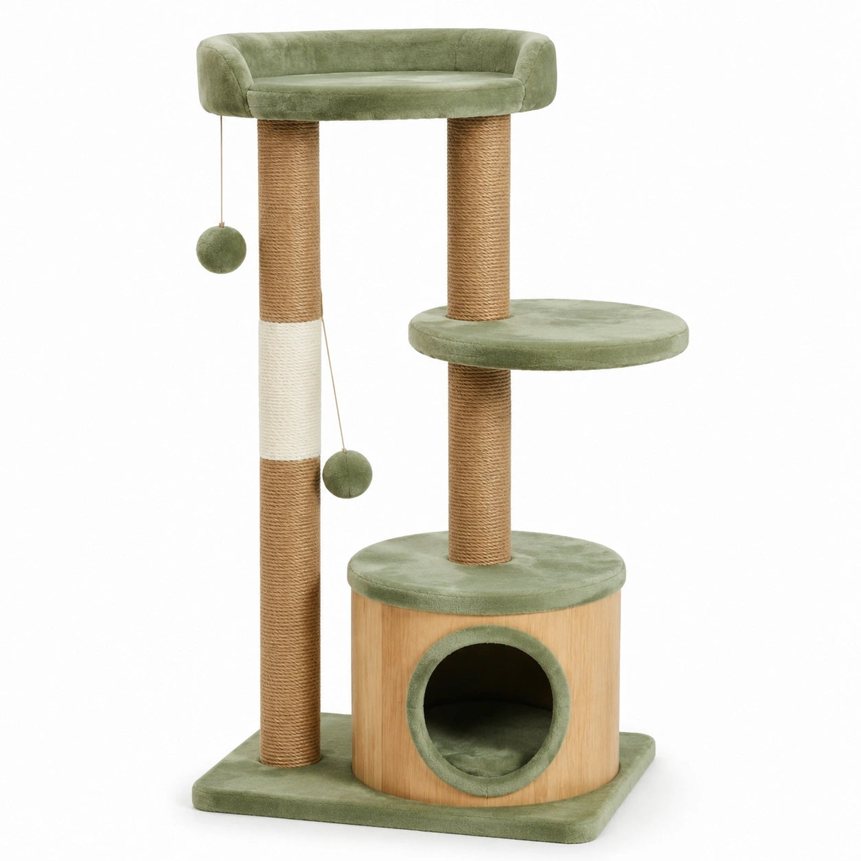 Árbol para gatos de madera, sisal y felpa verde