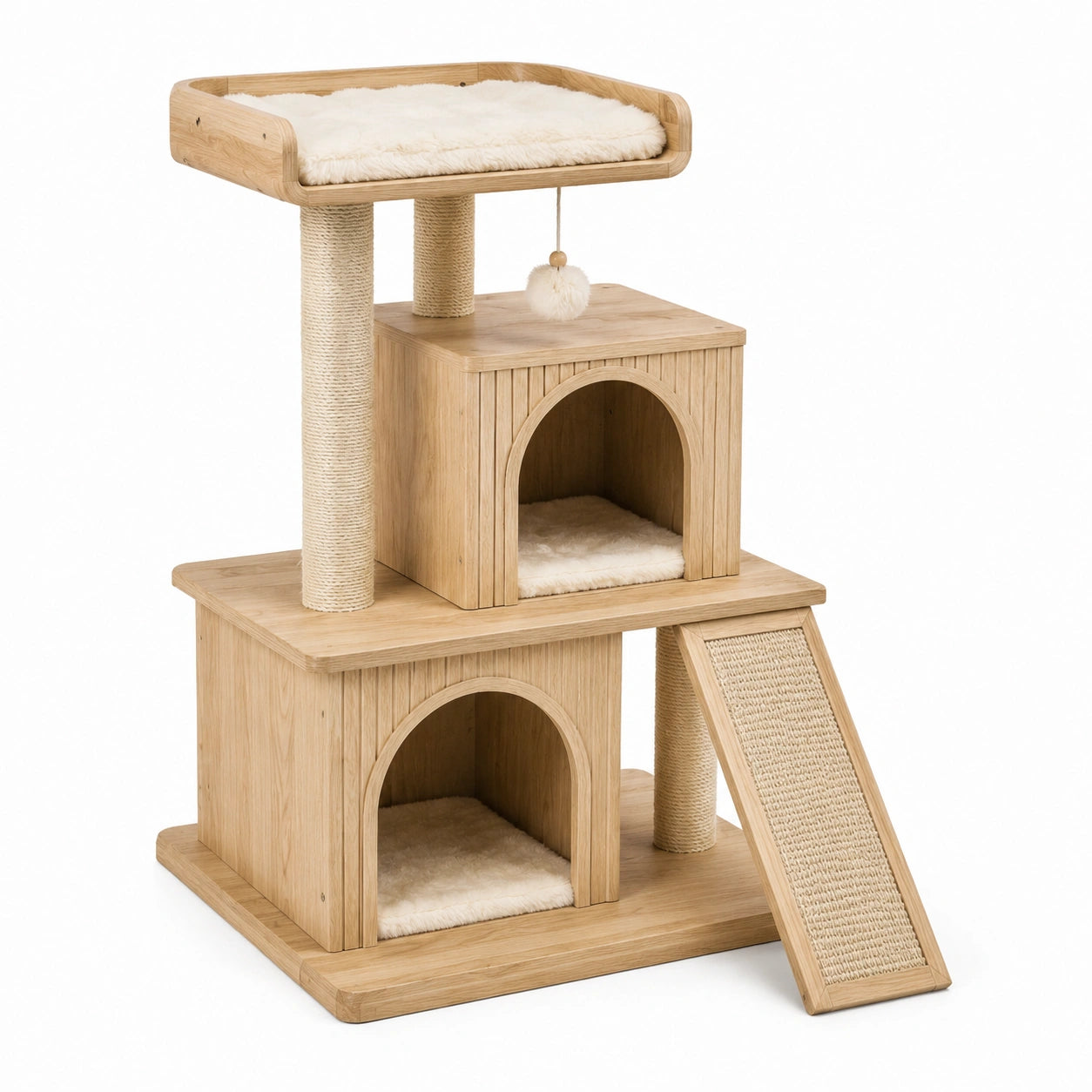 Árbol para gatos de madera con cojín beige, sisal y rampa