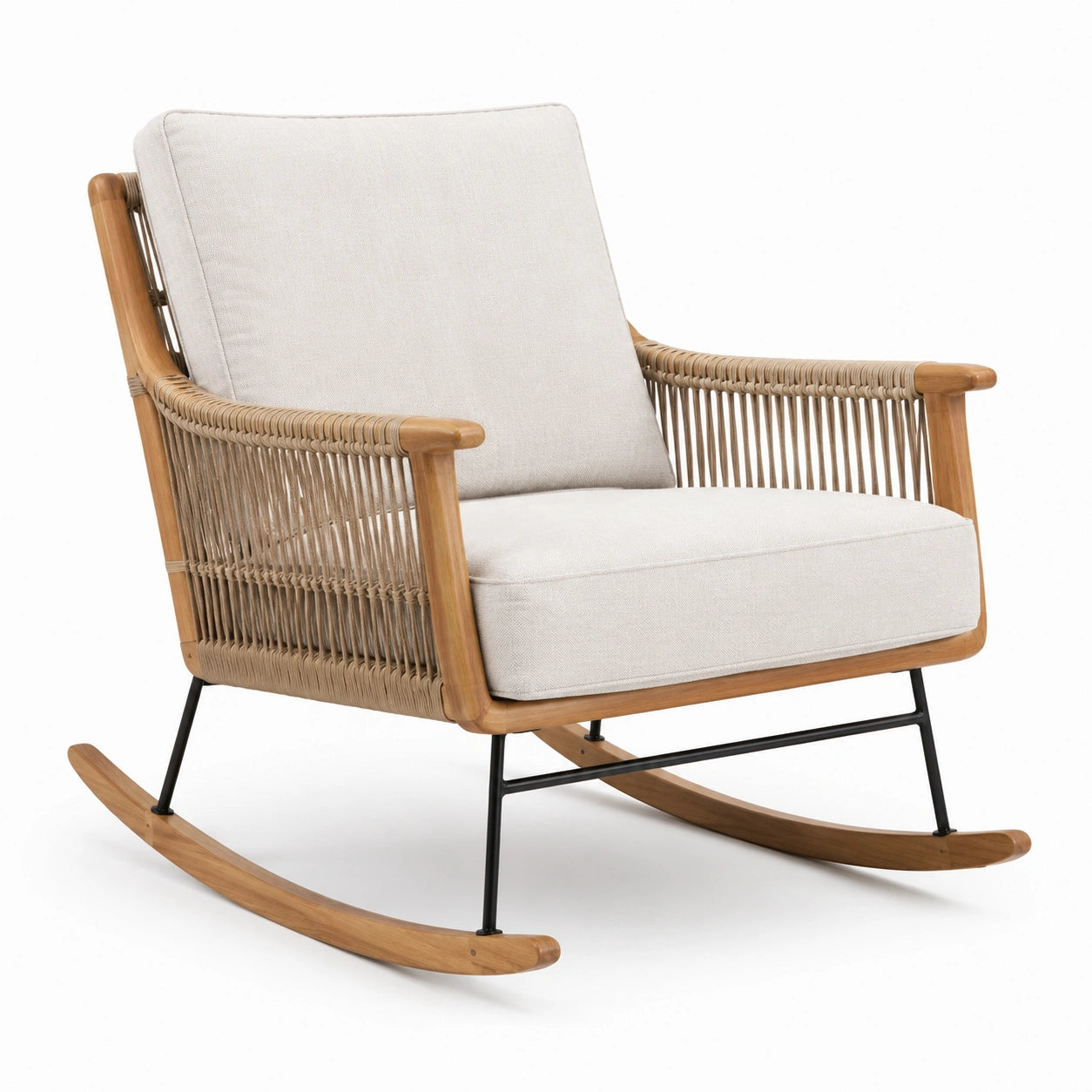 Mecedora de madera de teca y ratán sintético beige