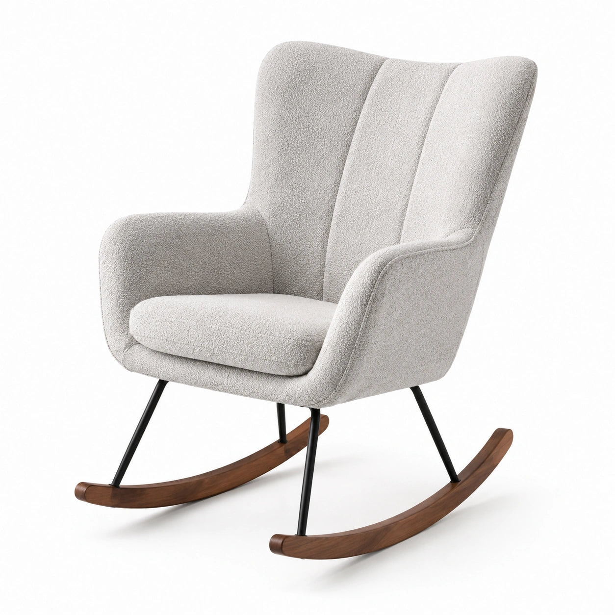 Mecedora de Tela Bouclé Gris con Estructura de Madera y Metal