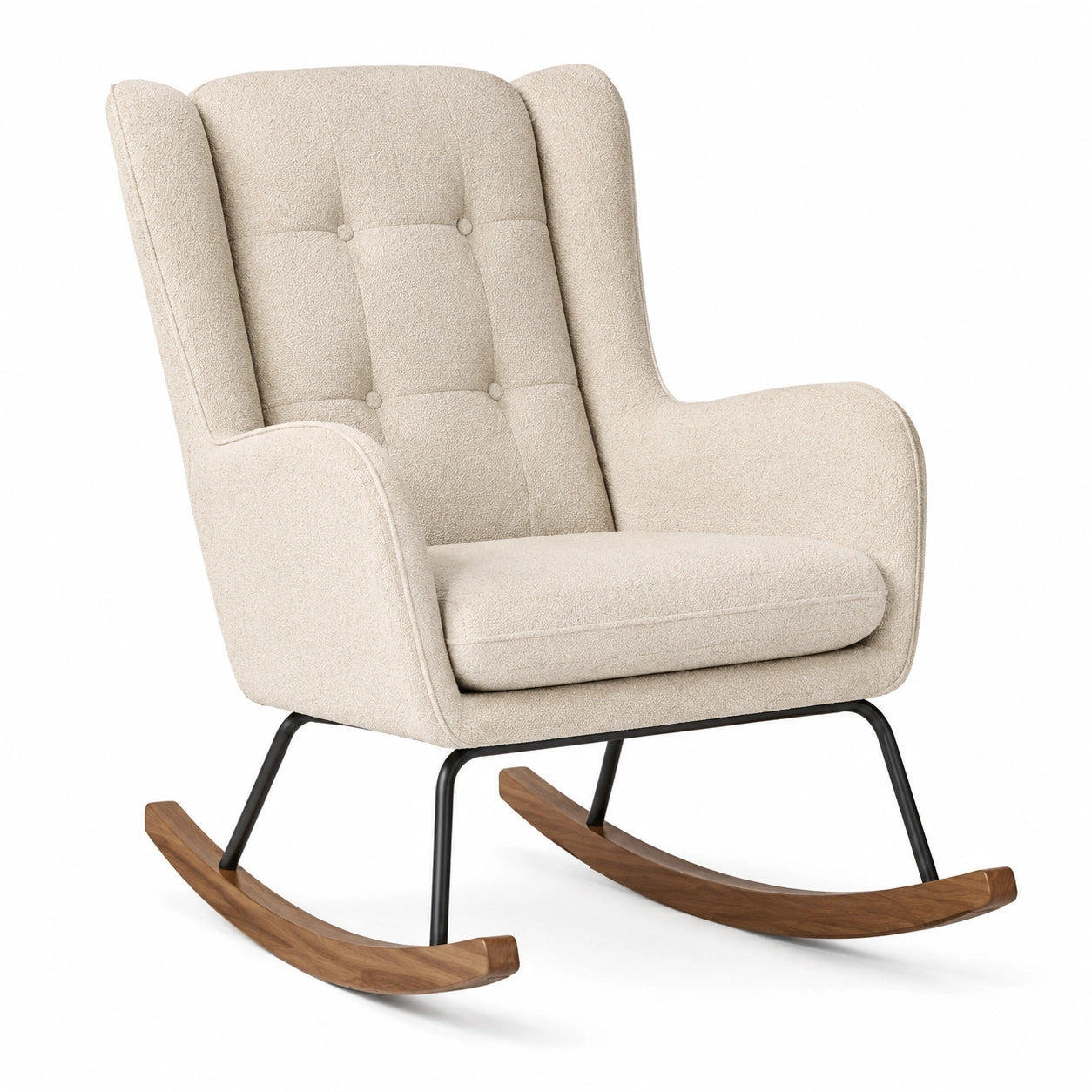 Mecedora de tela poliéster beige con marco de acero y base de madera