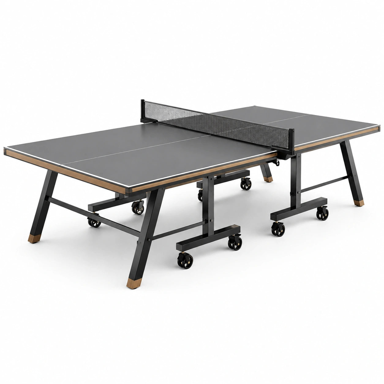 Mesa de ping-pong plegable de acero y MDF con ruedas negras
