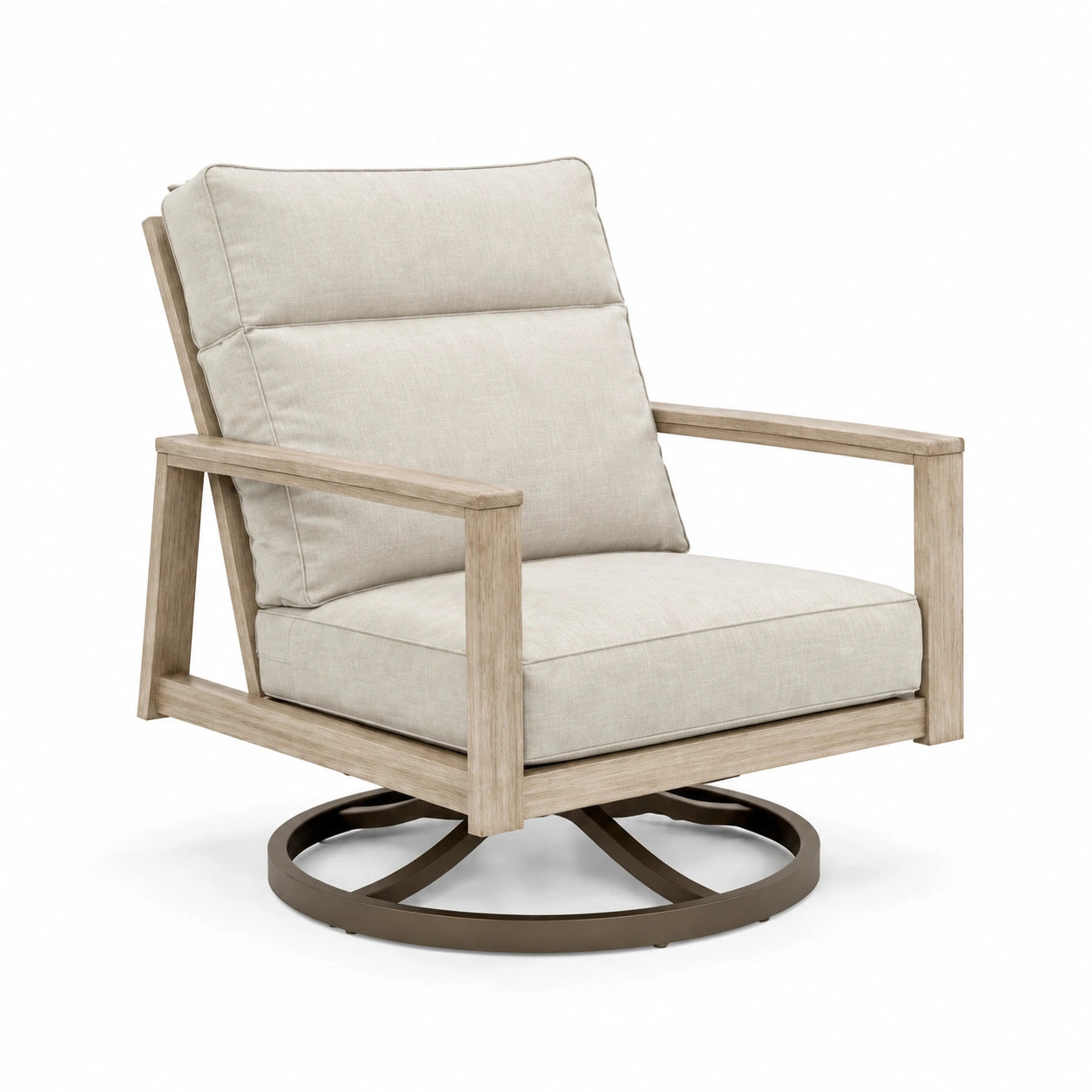 Silla de madera con cojín de poliéster beige y base giratoria