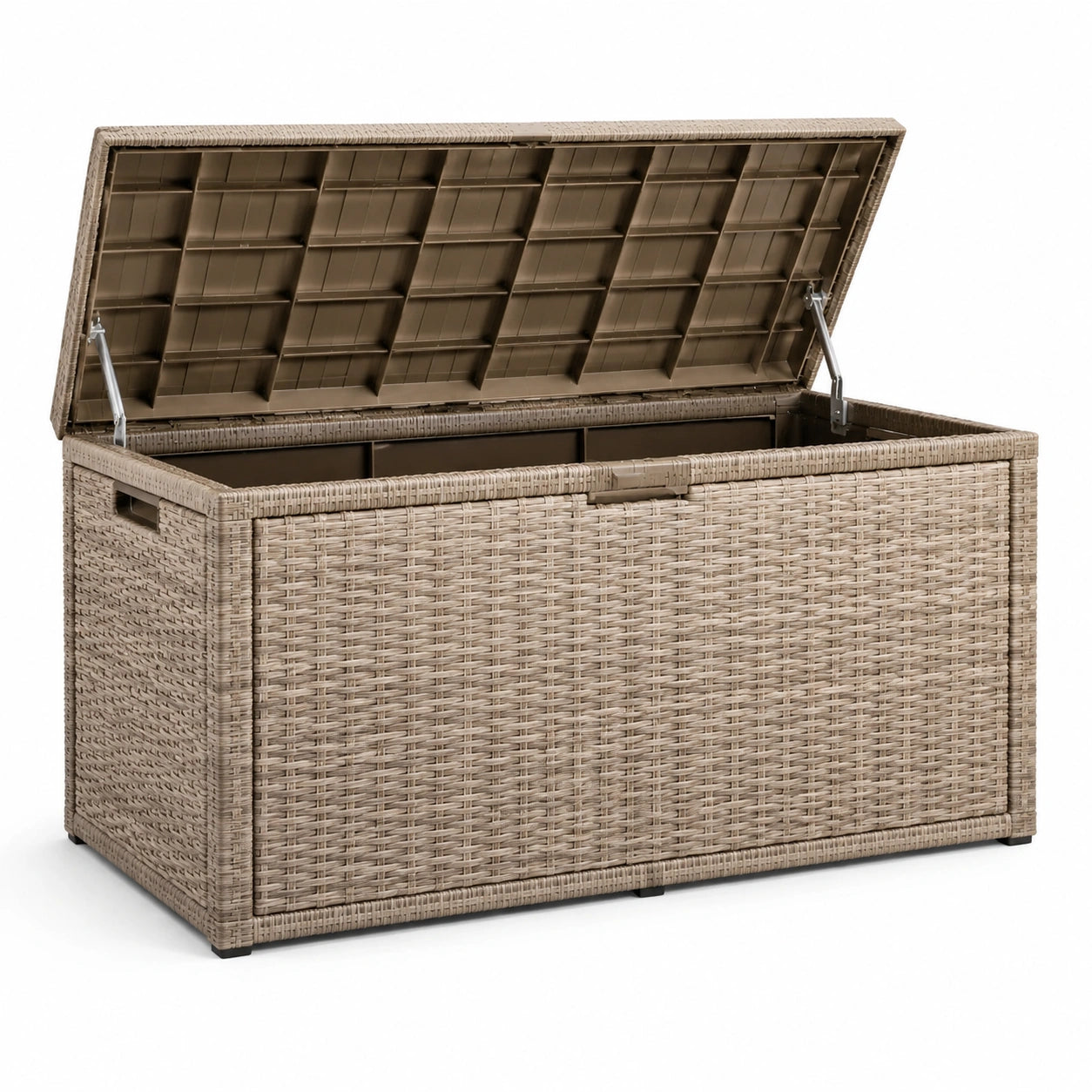 Baúl de jardín de resina trenzada con tapa abatible 120x60x55 cm beige