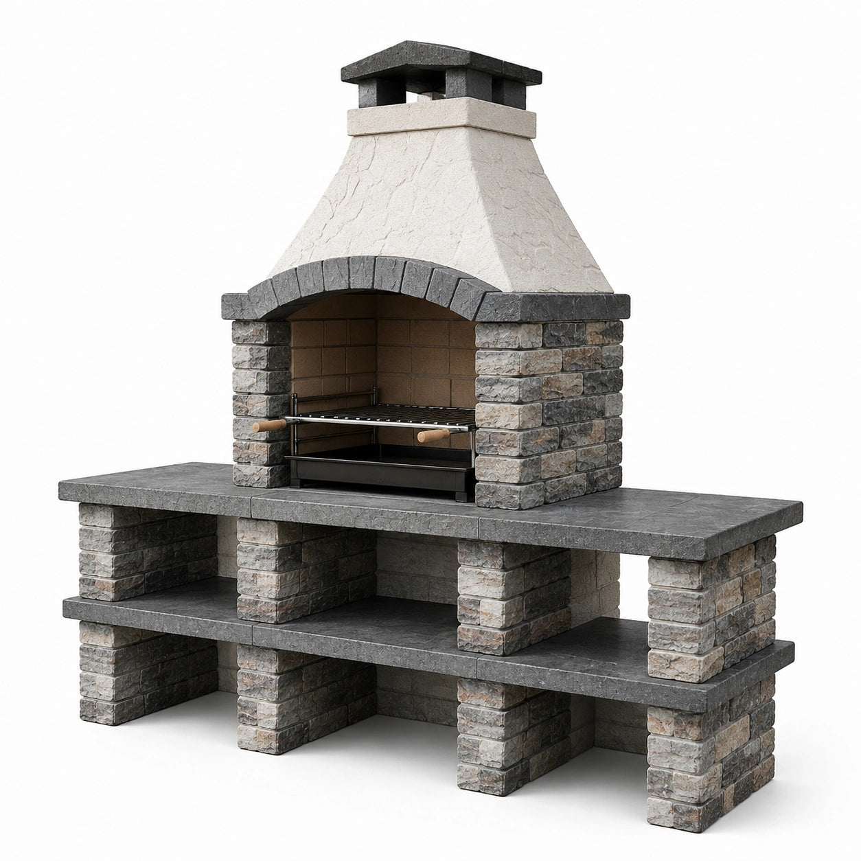 Barbacoa de piedra y ladrillo gris con chimenea