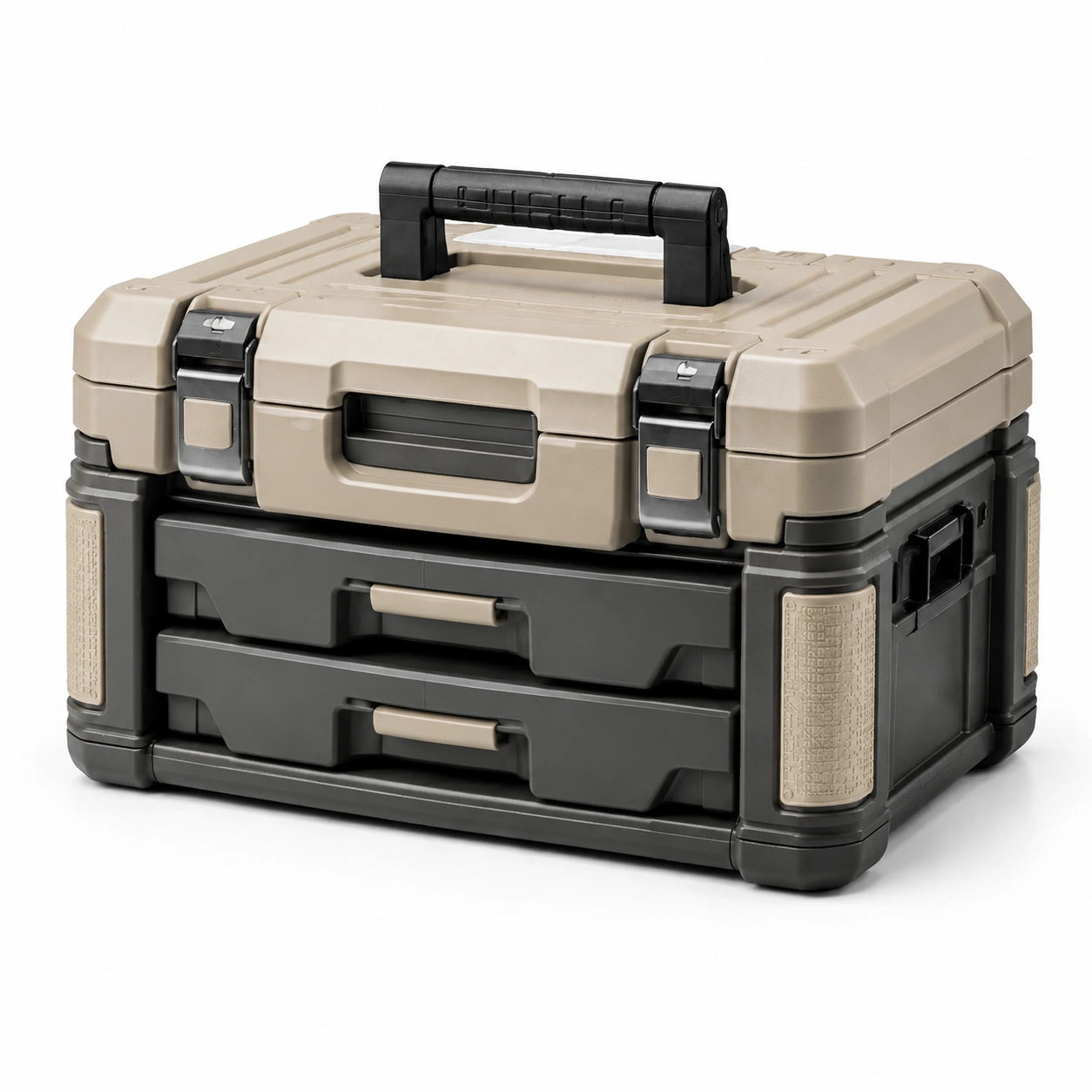 Caja de herramientas de plástico ABS beige/negro con asas y cajones