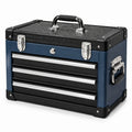 Caja de herramientas metálica con 3 cajones y cerradura en negro y azul