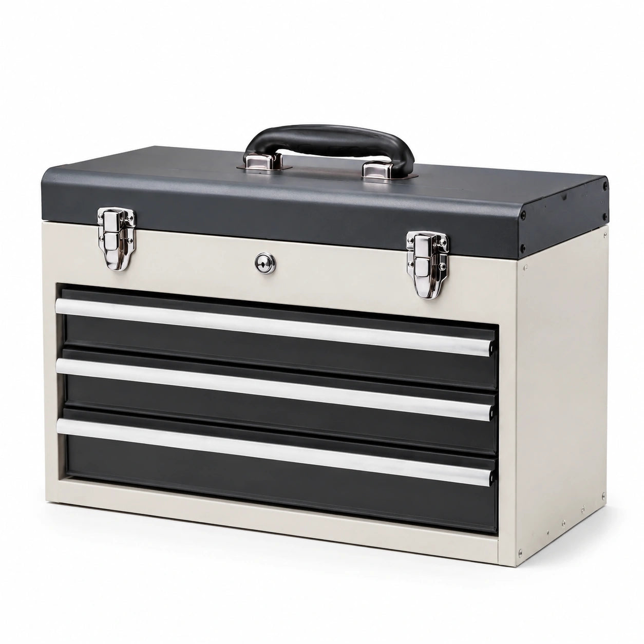 Caja de herramientas de acero con 3 cajones negro y plata con cerradura