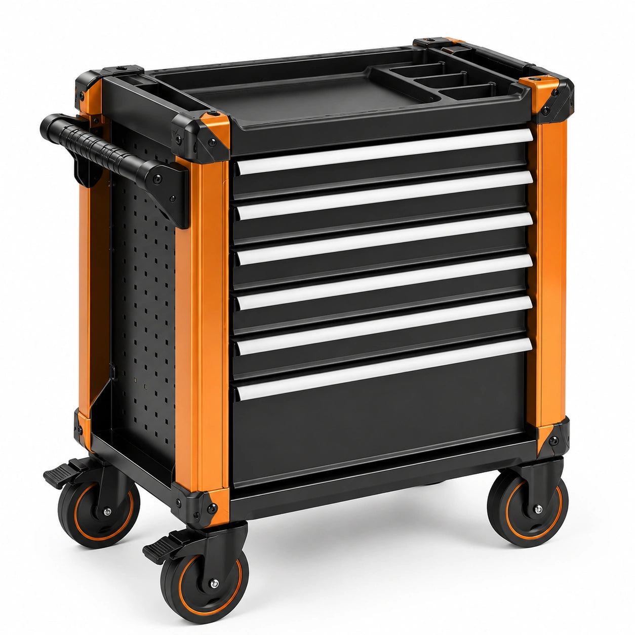 Carro de herramientas con ruedas de acero y plástico negro/naranja 6 cajones