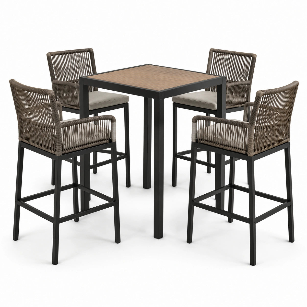 Conjunto de bar de metal y ratán sintético para exterior con 4 taburetes