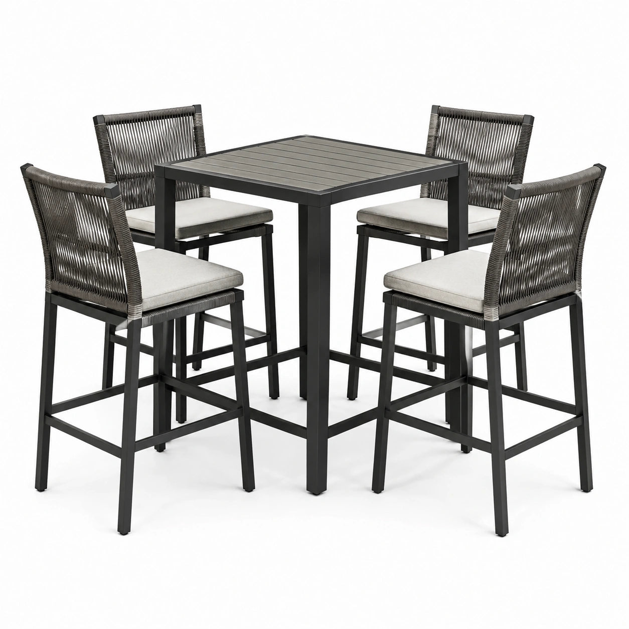 Conjunto de bar de aluminio con mesa alta y taburetes de cuerda sintética