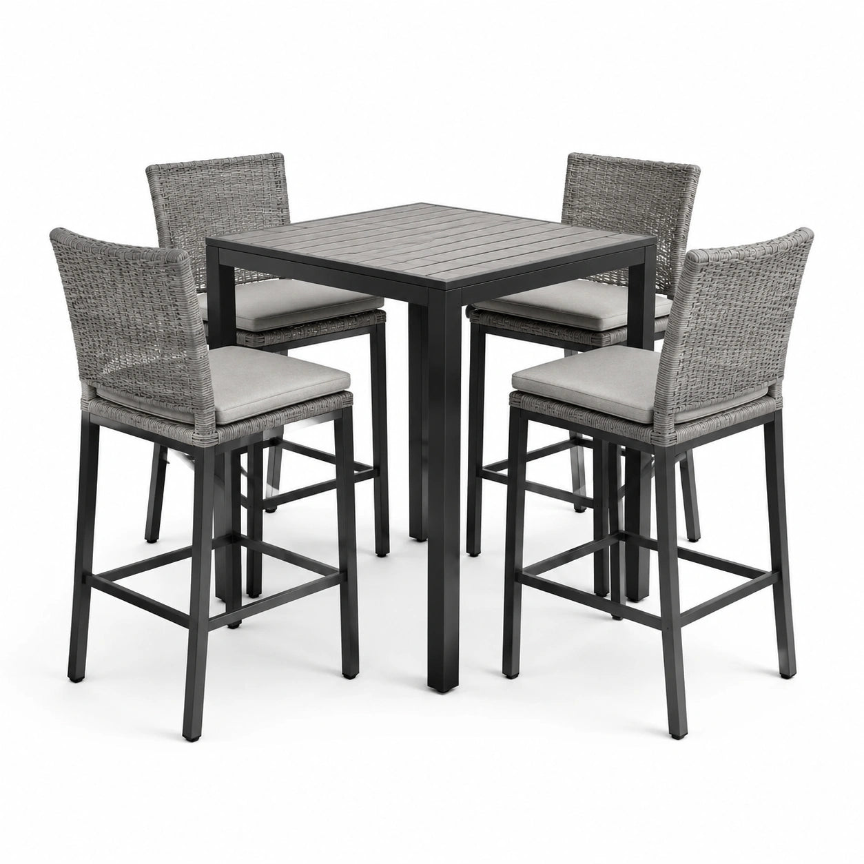 Conjunto de bar de ratán sintético y aluminio con mesa y 4 sillas