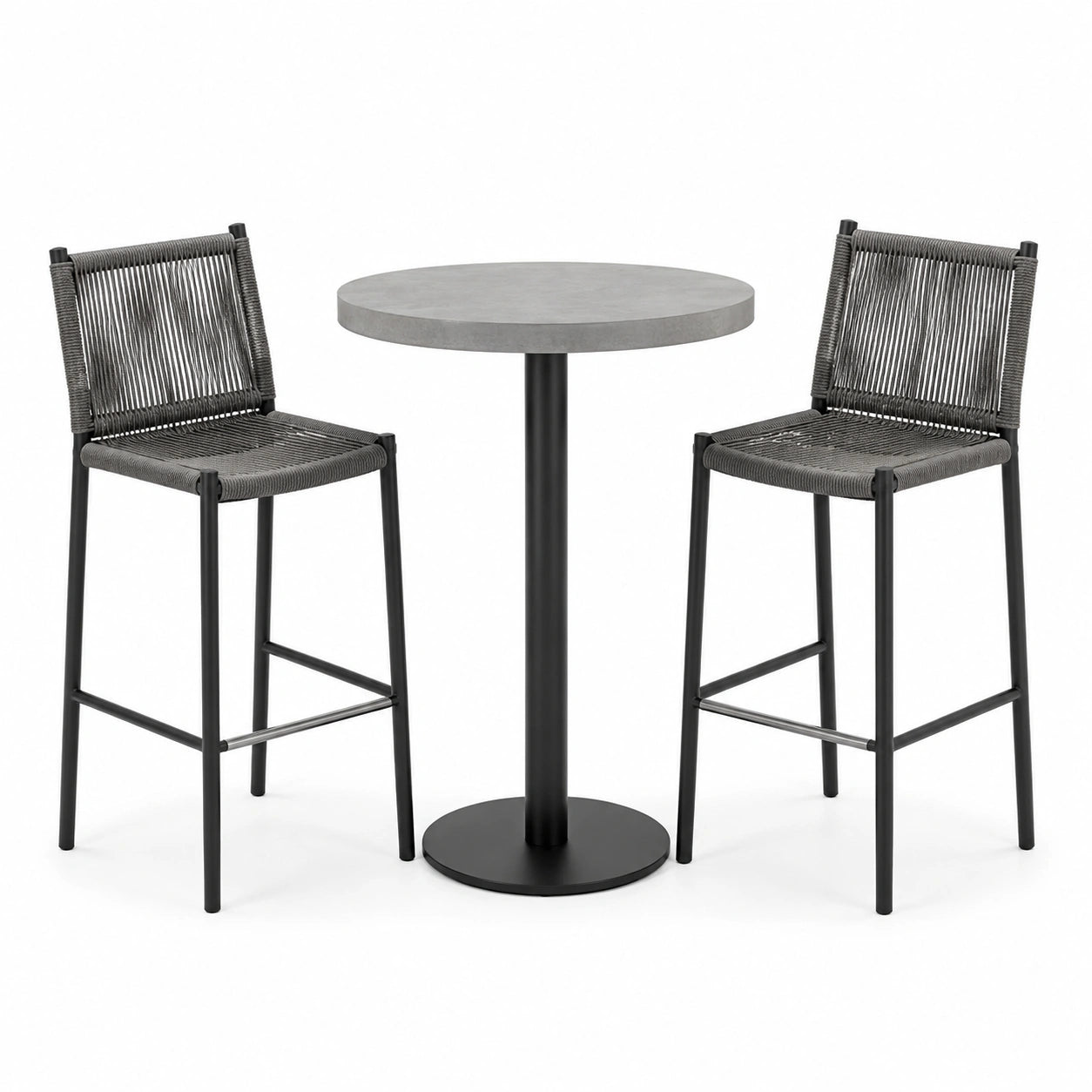 Conjunto de bar con mesa redonda de hormigón y sillas de cuerda sintética